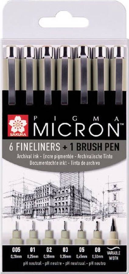 Sakura Fineliner Pigma Micron ass + brushpen zwart Blister a 7 stuk 6 stuks