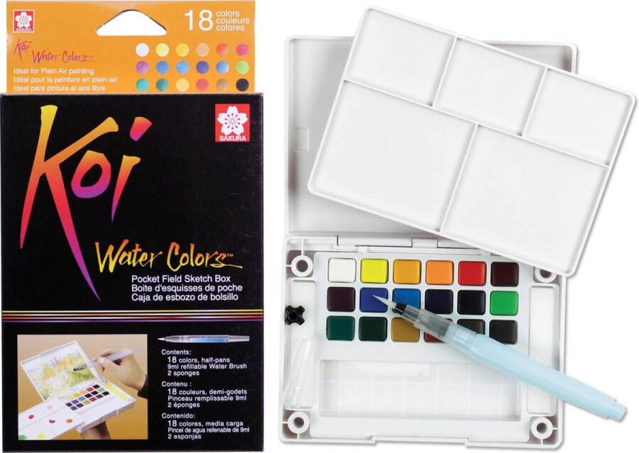 Sakura Koi Water Colors aquarel sketch pocketbox 18 kleuren met brushpen penseelpen penseelstift