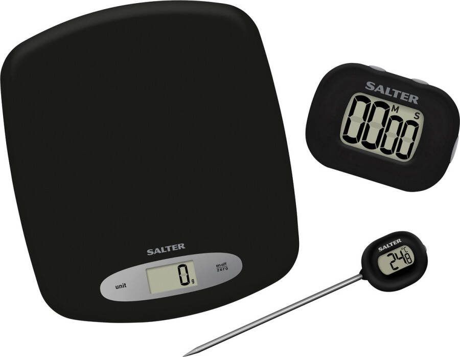 Salter 3 stuk Set kookaccessoires digitale keukenweegschaal van 5 kg thermometer voor direct lezen timer voor aftellen