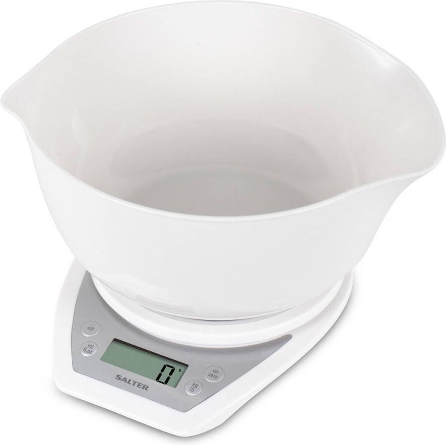 Salter dual pour digitale keukenweegschaal inclusief mengschaal van 2 liter brede en smalle schenktuiten voor natte en droge ingrediënten vloeistoffen meten toevoegen en wegen eenvoudig afleesbaar lcd-scherm capaciteit van 5 kg