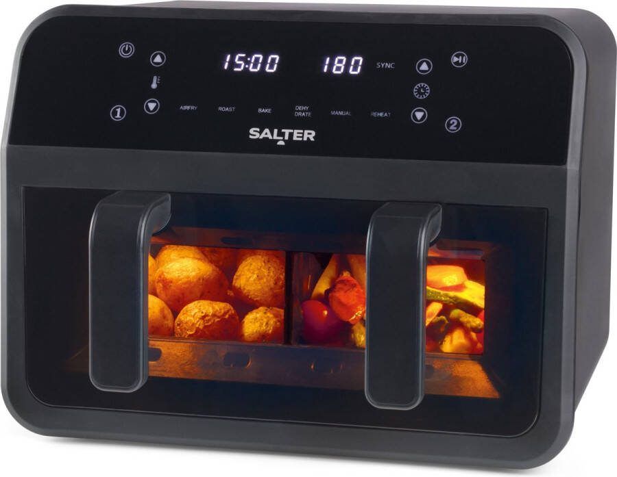 Salter Dual View-luchtfriteuse – niet-klevende kookplaat van 7 liter met afneembare verdeler grote capaciteit voor het gezin kijkvenster digitaal led-aanraakscherm 6 functies 2300 W