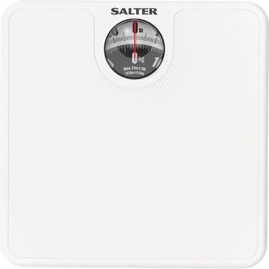 Salter Mechanical Bathroom Scale – analoge weegschaal voor lichaam Classic Fitness Scale capaciteit van 133 kg gemakkelijk leesbare display met vergrootlens antislipmat geen batterijen vereist wit