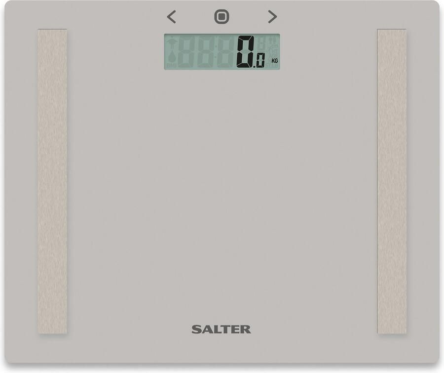 Salter Weegschaal Personenweegschaal Digitaal Glazen Analyseschaa LCD Scherm maximale capaciteit van 150 KG geheugen voor 8 gebruikers Athlete-modus meet gewicht lichaamsvet water en BMI tapijtvoetjes grijs