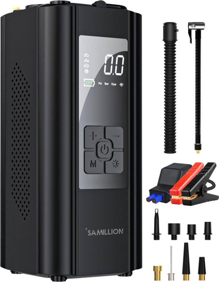 Samillion 10-in-1 Draagbare Compressor Bandenpomp Luchtcompressor Compressor Oplaadbaar Fiets Tot Auto Elektrische Fietspomp Zaklamp Powerbank & Jumpstart functie Inclusief 9 opzetstukken 10.000 mAh Batterij Sterkste Op De Markt!