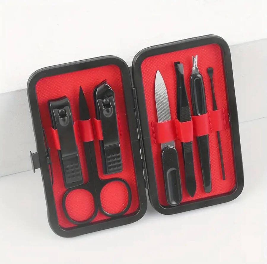 SamuraiSelects Luxe Rode 7-in-1 Manicure Set Nagelknipper Schuine Nagelknipper Wenkbrauwtrimmer Dode Huidvork Pincet Comfortabele Oorpincet Voor Mannen en Vrouwen
