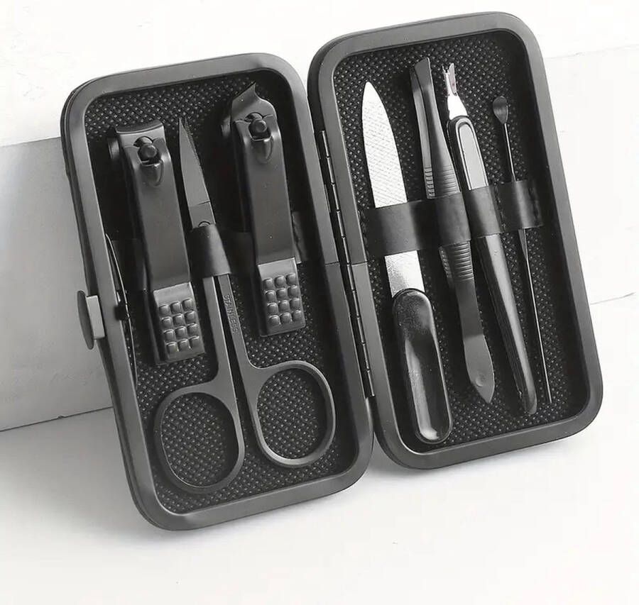 SamuraiSelects Luxe Zwarte 7-in-1 Manicure Set Nagelknipper Schuine Nagelknipper Wenkbrauwtrimmer Dode Huidvork Pincet Comfortabele Oorpincet Voor Mannen en Vrouwen