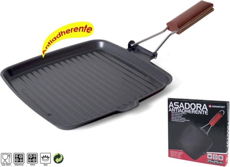 San Ignacio Zwarte grillpan 26 cm met anti-aanbak laag en houten handvat Grillpannen Koekenpannen grillrooster