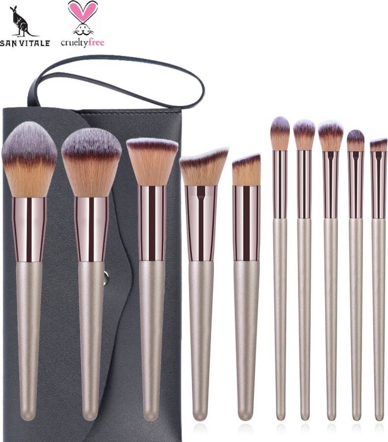 San Vitale Luxe Professionele Make up kwasten set Make up Brush Vegan penselen Inclusief pouch Make up pouch met 10-delig penselen set Champagne goud