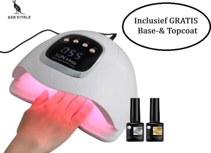 San Vitale Professionele UV-LED Nageldroger Lamp Moederdag cadeau- Premium LED Nagellamp Memory functie Nagel LED lamp Salon kwaliteit 150 Watt LED Sun x7 Max Gellak Nagels Smart Sensor 59 leds INCLUSIEF GRATIS Base&Topcoat Wit