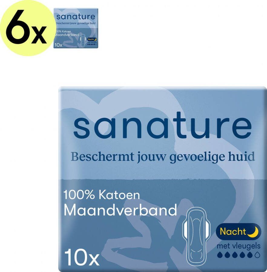 Sanature 100% katoenen Maandverband Nacht 6 x 10 stuks Natuurlijk & voor de gevoelige huid