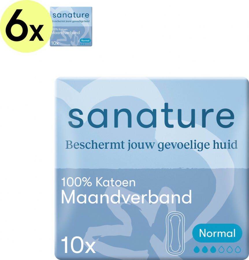 Sanature 100% Katoenen Maandverband Normaal zonder vleugels 6 x 10 stuks Natuurlijk & geschikt voor de gevoelige huid