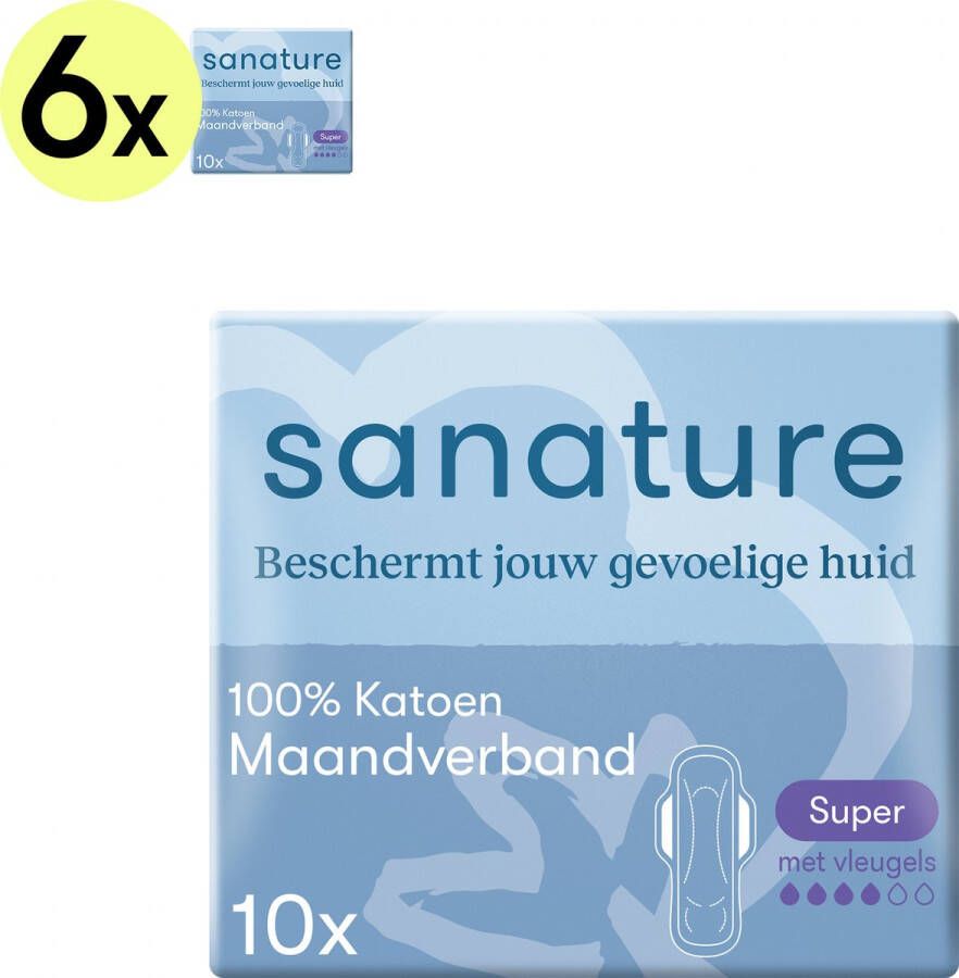 Sanature 100% katoenen Maandverband Super 6 x 10 stuks Natuurlijk & voor de gevoelige huid