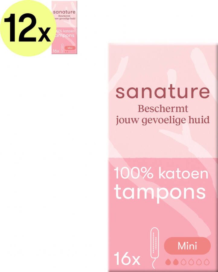 Sanature 100% katoenen Tampons Mini 6 x 12 stuks Natuurlijk & voor de gevoelige huid