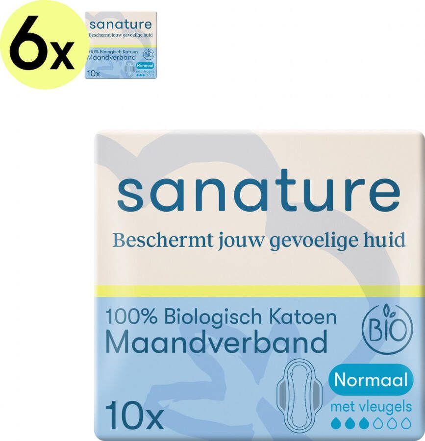 Sanature Bio 100% Katoenen Maandverband Normaal met vleugels 6x10 Natuurlijk en voor de gevoelige huid