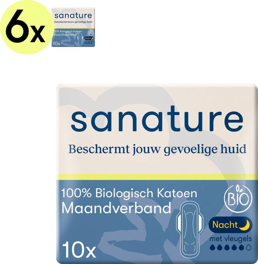 Sanature Bio 100% Katoenen Maandverband Ultra Nacht met vleugels 6x10 Natuurlijk en voor de gevoelige huid