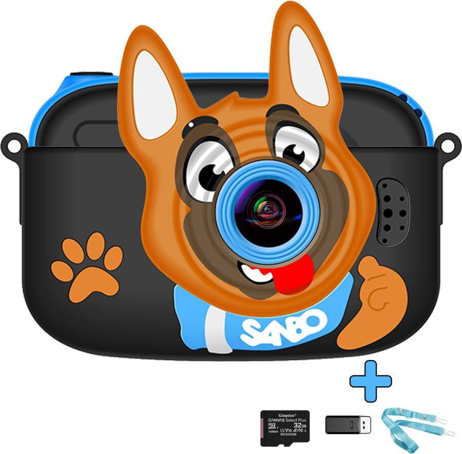 Sanbo Kindercamera met Selfiecamera Blauw Zwart Incl. 32Gb Sd-Kaart en Reader – Fototoestel Kinderen – Vloggen Speelcamera Digitaal Sinterklaas Cadeau