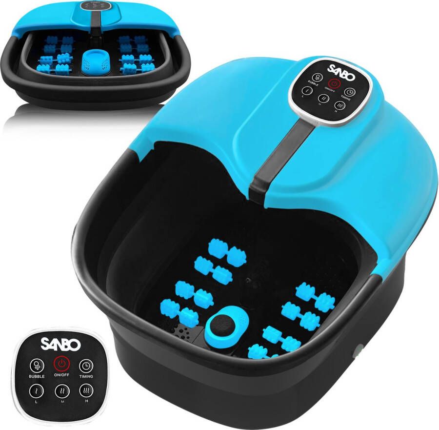 Sanbo Elektrisch Voetenbad F22 PRO Zwart Blauw Massage functie met Eeltverwijderaar Verwarmt tot 49°C Opvouwbaar 3 Warmtestanden Voetmassage Valentijn Cadeautje Voetenbaden