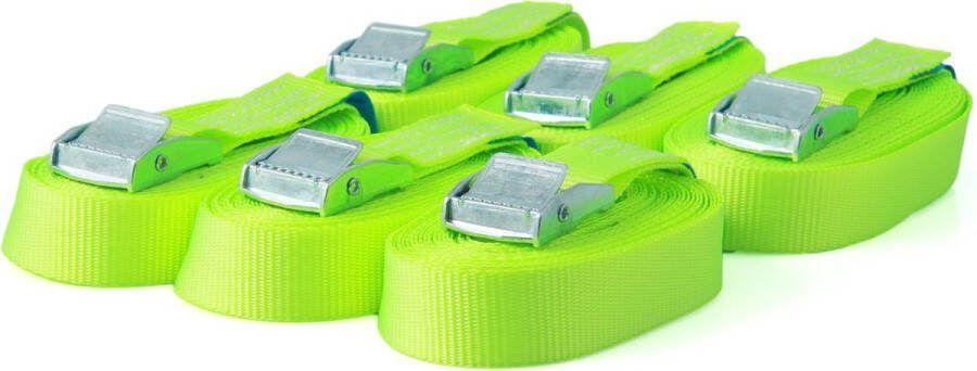 Sandax 6 spanbanden sjorbanden met klemsluiting bevestigingsriem belastbaar tot 250 kg volgens DIN EN 12195-2 lengte 4 m breedte 25 mm eendelig neongeel
