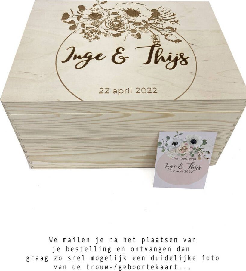 SandD-art Houten herinneringskist voorraadkist opbergkist met persoonlijke gravure. Kraam cadeau-Babyborrel-Huwelijksgeschenk-Trouwdag-Gedenkkist-Prins carnaval. Maat 40cm x 30cm x 23cm. Onbehandeld hout