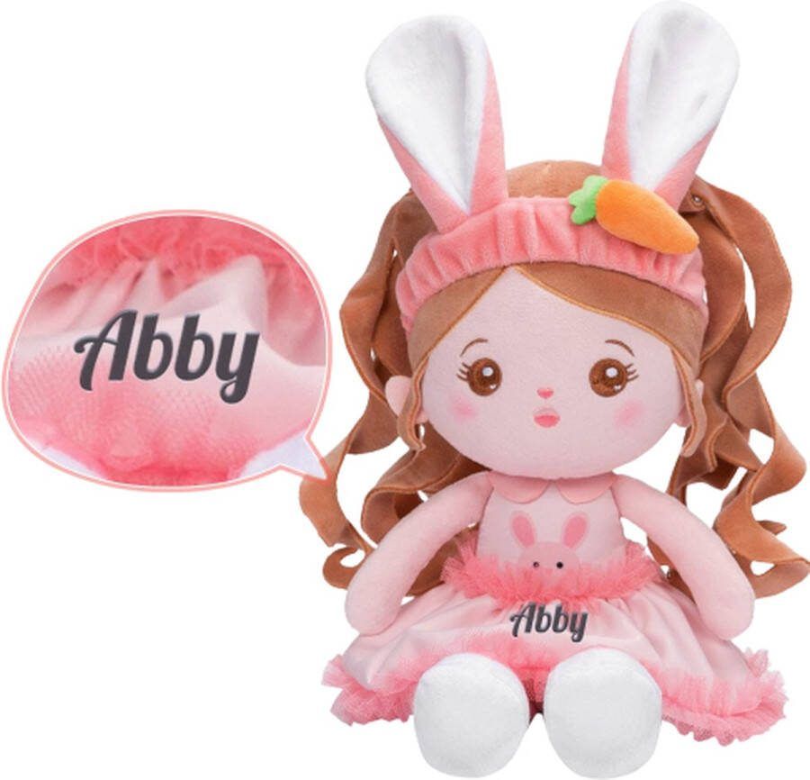 Sandra's Poppenkraam Abby knuffelpop met konijnen oren lang haar roze gratis met naam
