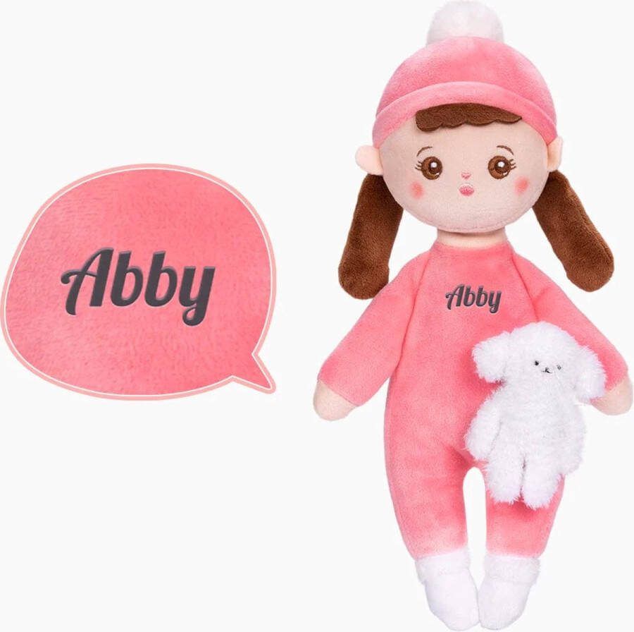Sandra's Poppenkraam Abby mini knuffelpop roze met staartjes gratis met naam