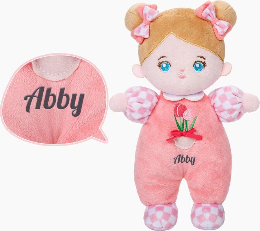 Sandra's Poppenkraam Abby roze blauwe ogen mini knuffelpop gratis met naam