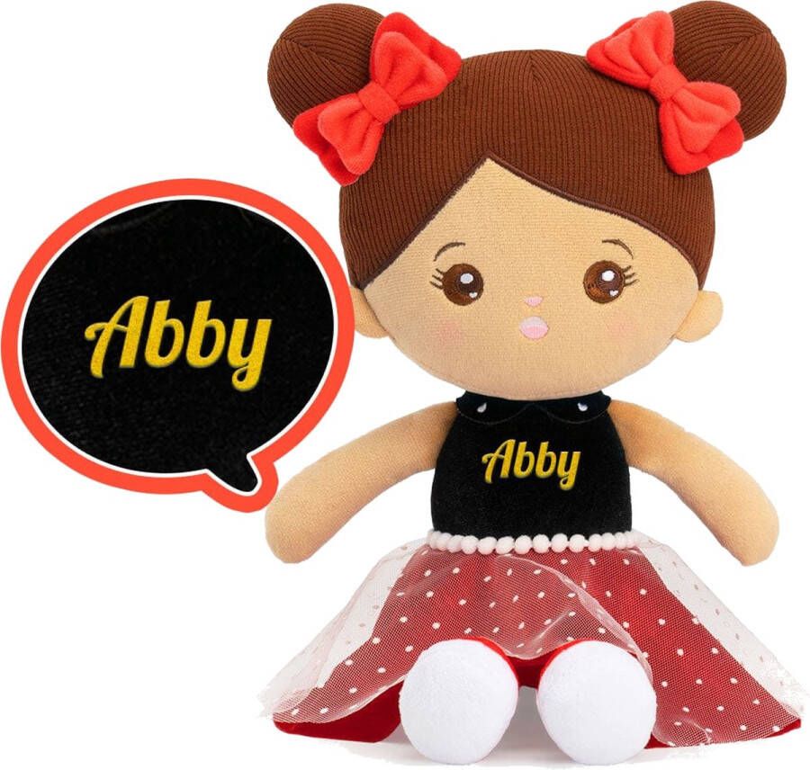 Sandra's Poppenkraam Abby knuffelpop Rode jurk met stippen Bruin haar gratis met naam