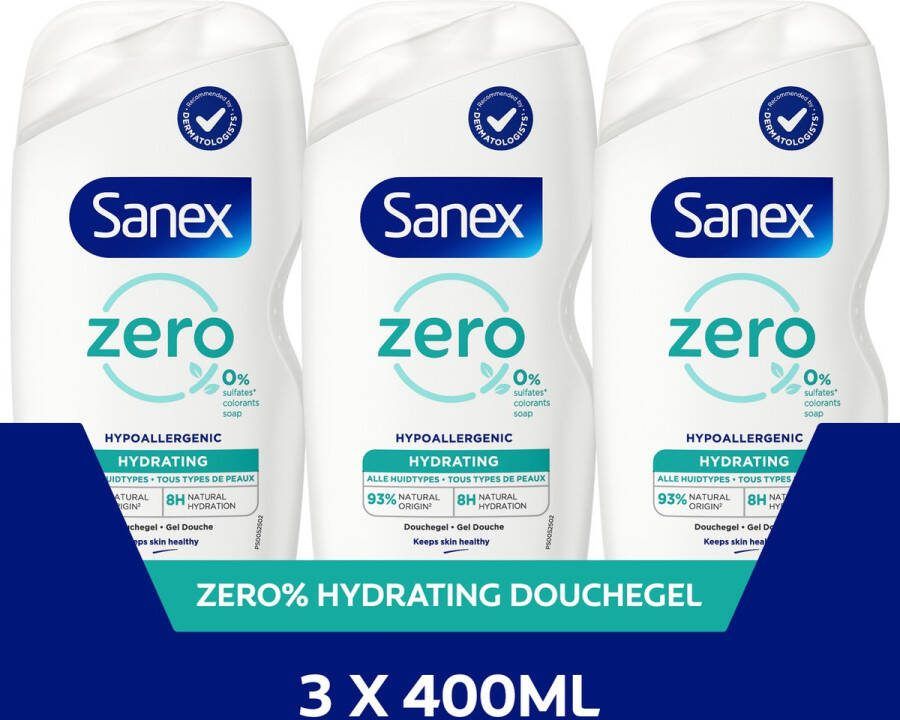 Sanex Zero% Hypoallergenic Hydrating Douchegel 3 x 400ml Voordeelverpakking