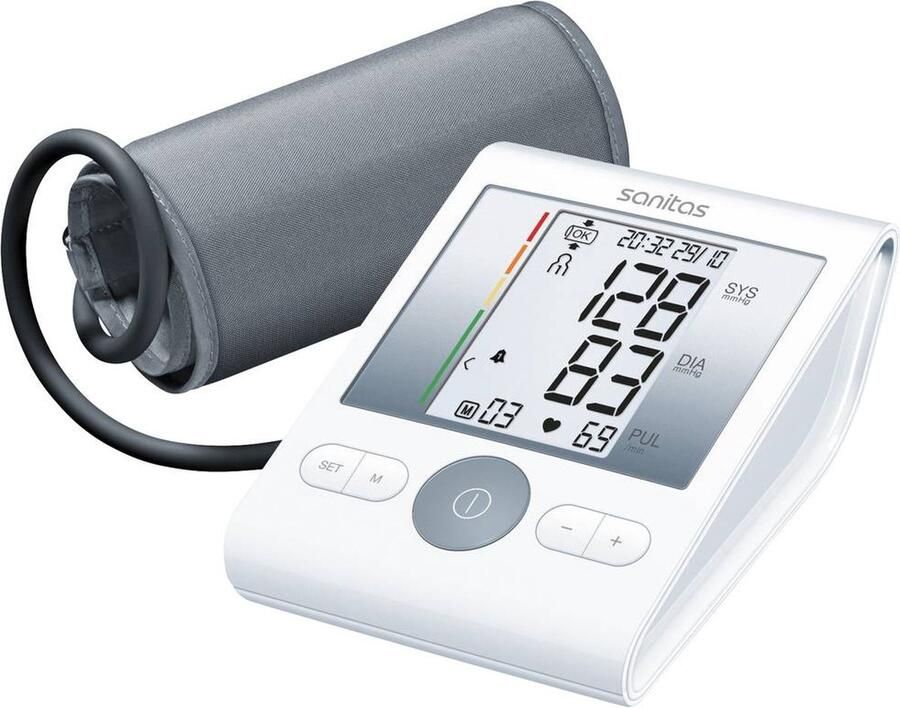 Sanitas SBM 22 Bloeddrukmeter bovenarm Hartslagmeter Risico-indicator Manchet-aanbreng controle 22 tot 36 cm Manchet Automatische uitschakeling Medisch Incl. batterijen 2 Jaar garantie Wit