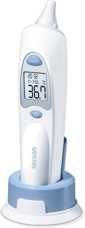 Sanitas SFT 53 Thermometer lichaam Digitale koortsthermometer Infrarood Objecttemperatuur Kamertemperatuur Incl. 10 berschermkappen Gebruik Smiley symbolen 10 Geheugenplaatsen Incl. batterijen en opbergbox 2 Jaar garantie