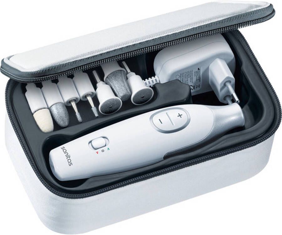 Sanitas SMA 38 Elektrische nagelvijl Nagelfrees Elektrische Manicure en Pedicure set 7 Opzetstukken – Opbergtas – Beschermkap 2 Standen – Links- en rechts draaiend 2 Jaar garantie – Wit Grijs