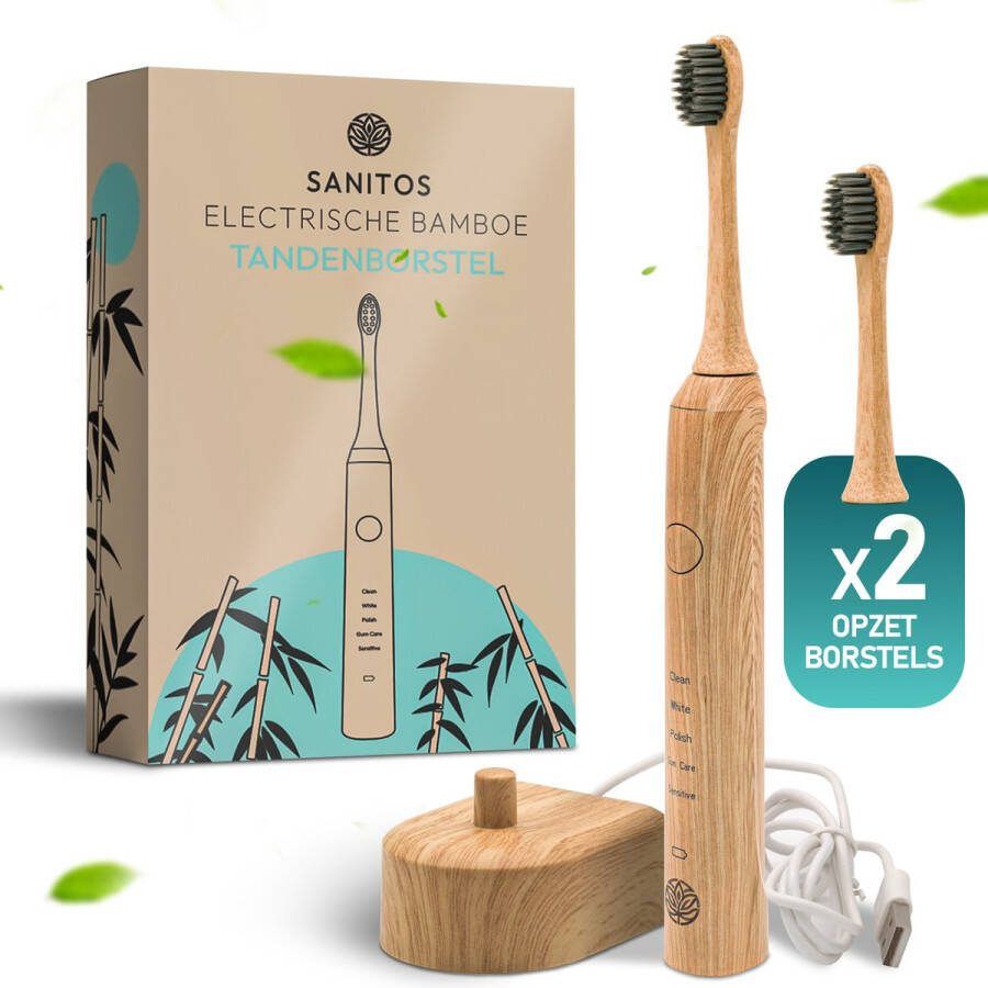Sanitos Bamboe Elektrische Tandenborstel Eco-vriendelijke & Duurzame Elektrische Tandenborstel met bamboe handvat Natuurlijke Tandenborstel Bamboe-handvat