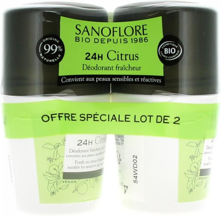 Sanoflore 24H Citrus Anti-Fragrance Organic Roll-On Deodorant Set 2 x 50 ml