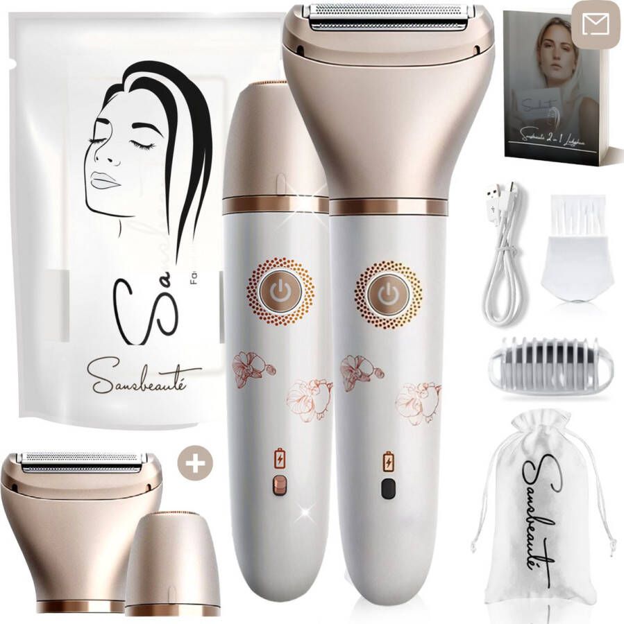 Sansbeauté 2-in-1 Ladyshave + 2 Extra Scheerkoppen Gezicht Oksels Benen Bikinilijn Scheerapparaat Vrouw Elektrisch Ontharen Haarverwijderaar Dames Trimmer Vrouw Intieme Zone Schaamhaar Ladyshaves Bikini