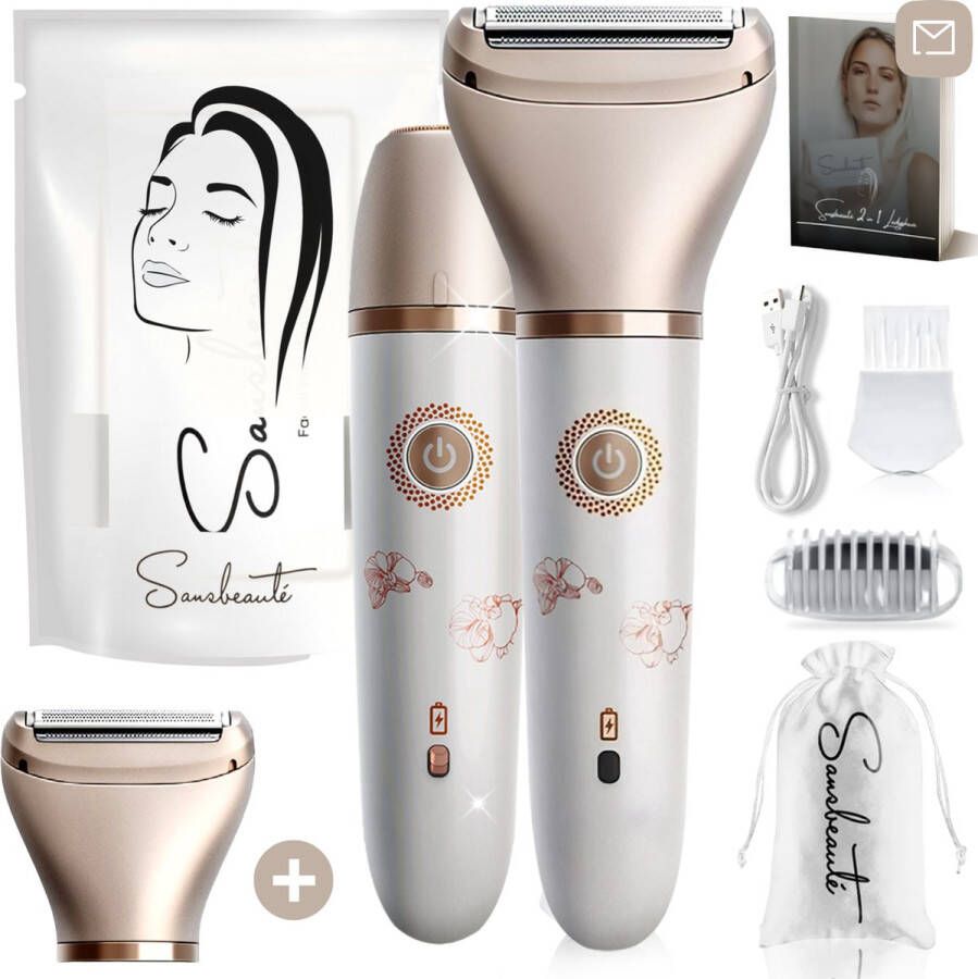 Sansbeauté 2-in-1 Ladyshave + Extra Scheerkop Gezicht Oksels Benen Bikinilijn Scheerapparaat Vrouw Ontharingsapparaat Electrisch Ontharen Gezichtsontharing Dames Trimmer Vrouw Ladyshaves Bikini USB Oplaadbaar