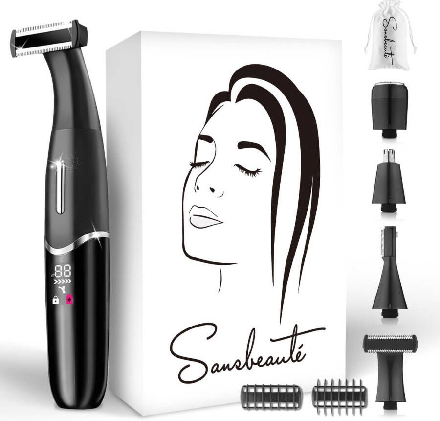 Sansbeauté 4-in-1 Bikinitrimmer + Travel bag Gezicht Oksels Benen Bikinilijn Wenkbrauw Trimmer Gezichtsontharing Dames Intieme Zone Ladyshaves Bikini Ontharingsapparaat Electrisch
