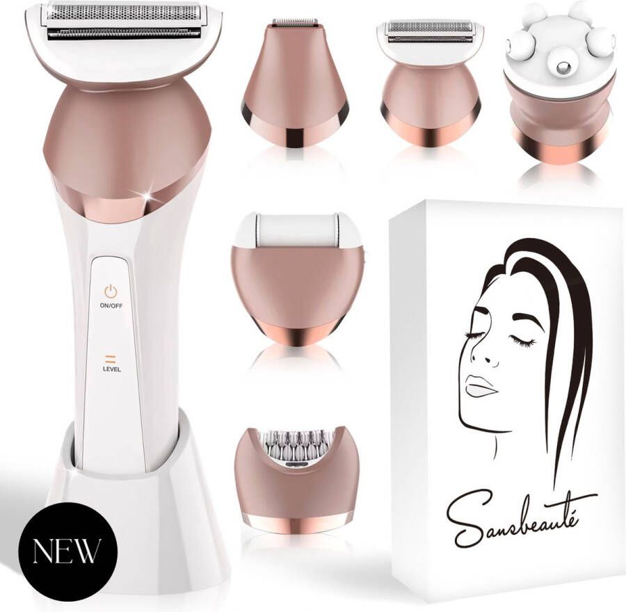 Sansbeauté 6-in-1 Ladyshave Gezicht Oksels Benen Bikinilijn Scheerapparaat Vrouw Epilator Epileerapparaat Dames Trimmer Vrouw Bikinitrimmer USB Oplaadbaar