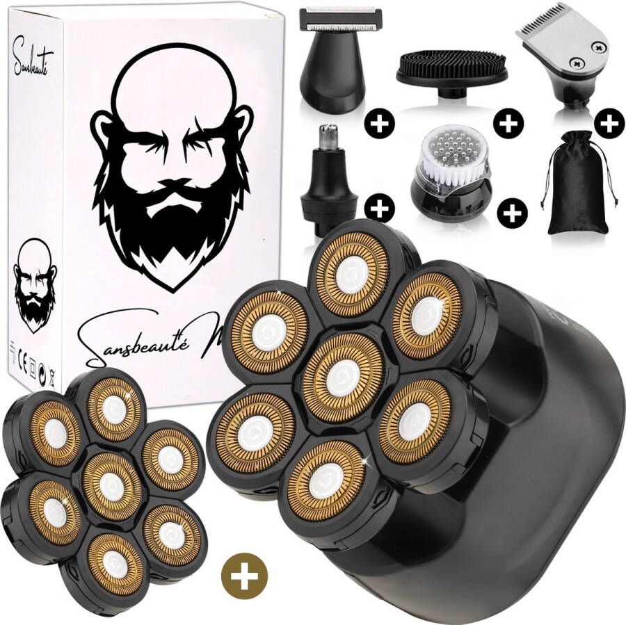 Sansbeauté 6-in-1 Scheerapparaat Mannen + Extra Scheerkop – Trimmer Tondeuse SkullSharp Classic 7 Blade Skull Shaver Electric Face & Head Shaver Hoofd Kaal Scheren – Nat & Droog Elektrisch