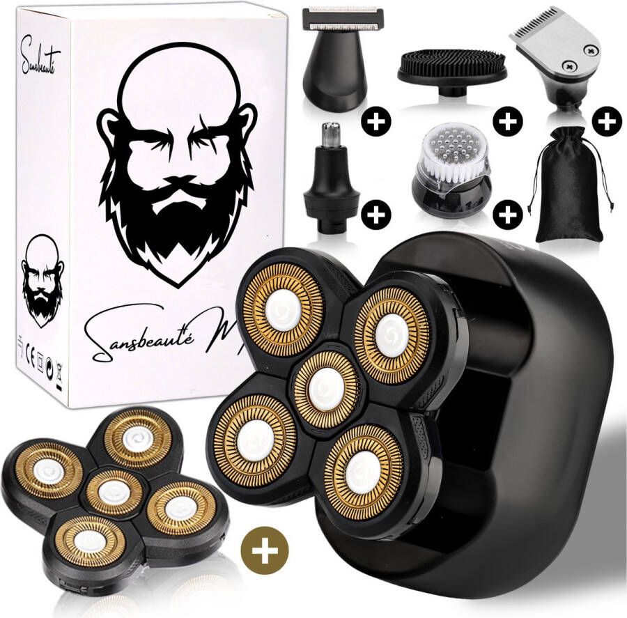 Sansbeauté 6-in-1 Scheerapparaat Mannen + Extra Scheerkop – Trimmer Tondeuse SkullSharp Classic Skull Shaver Electric Face & Head Shaver Hoofd Kaal Scheren – Nat & Droog Elektrisch