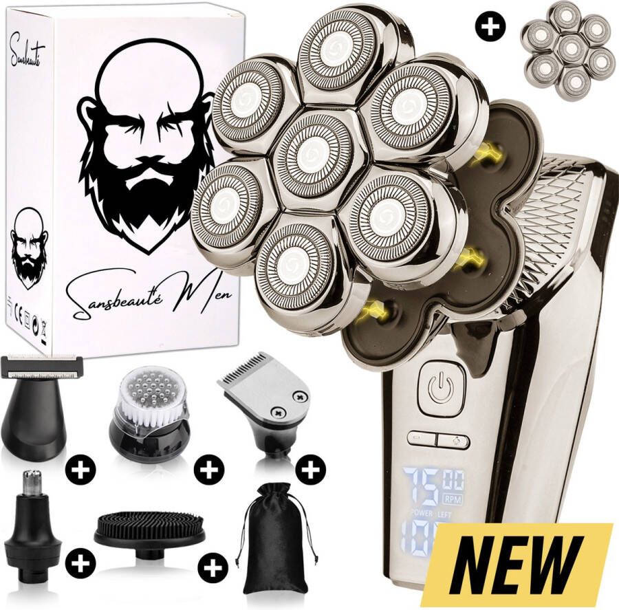 Sansbeauté 6-in-1 Scheerapparaat Mannen + Extra Scheerkop – Trimmer Tondeuse SkullSharp PRO MAX Electric Face & Head Shaver Skull Shaver Hoofd Kaal Scheren – Nat & Droog Elektrisch