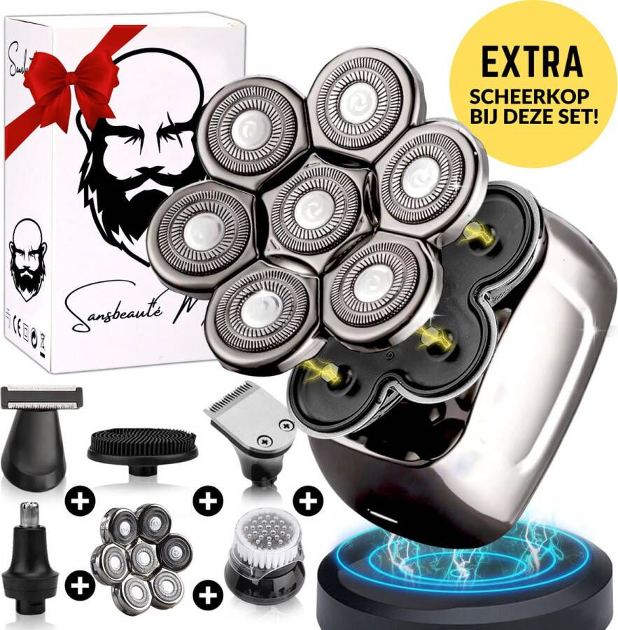 Sansbeauté 6-in-1 Scheerapparaat Mannen + Extra Scheerkop – Trimmer SkullSharp PRO Magnetic Nat & Droog Skull Shaver Face en Head Shaver – Hoofd Kaal Scheren Draadloos Opladen Opzetstukken