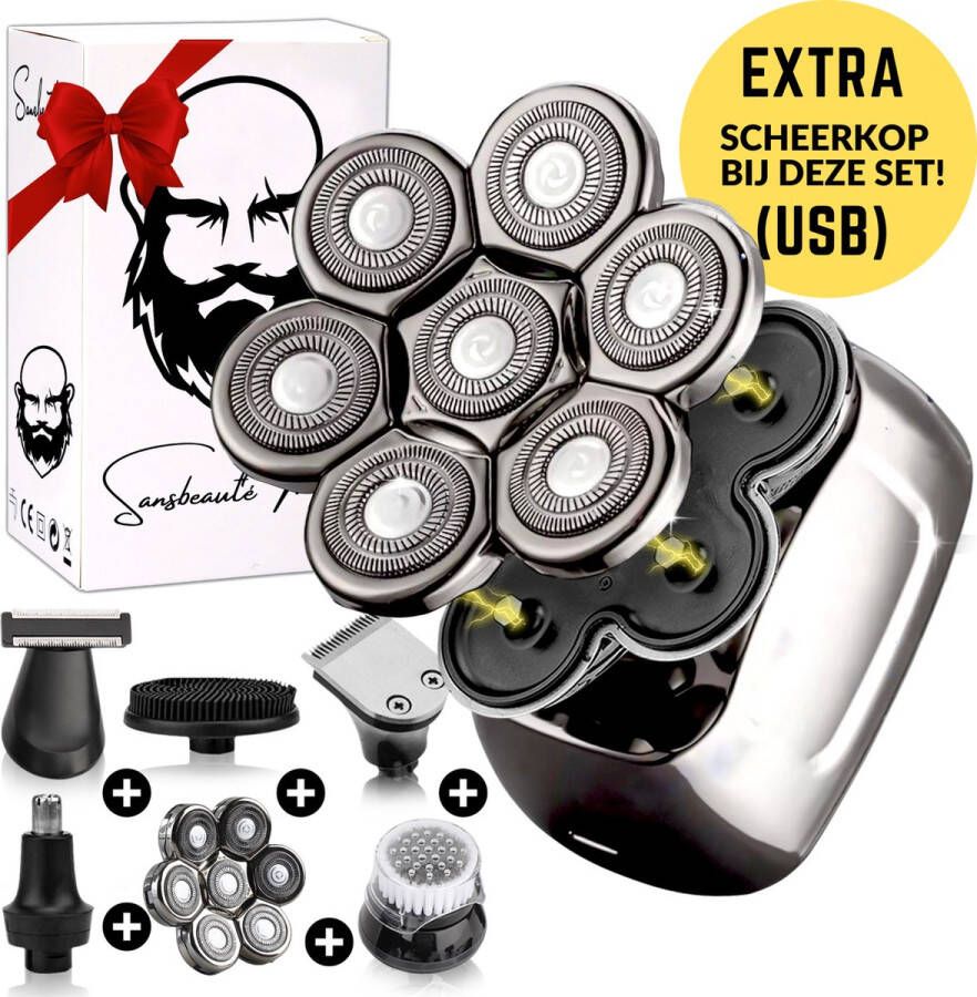 Sansbeauté 6-in-1 Scheerapparaat Mannen + Extra Scheerkop – Trimmer SkullSharp PRO Magnetic Skull Shaver Nat & Droog Face en Head Shaver – Hoofd Kaal Scheren USB Opladen Opzetstukken