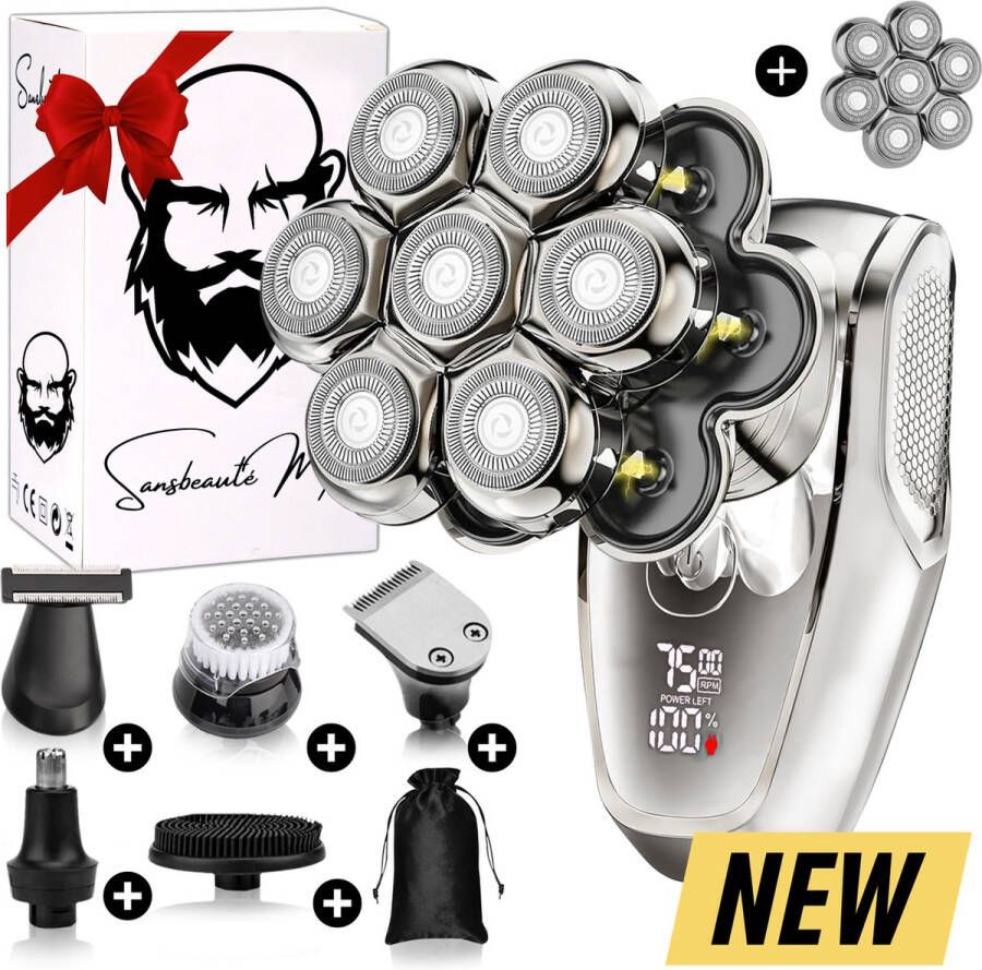 Sansbeauté 6-in-1 Scheerapparaat Mannen + Extra Scheerkop – Trimmer Tondeuse SkullSharp MAX Electric Face & Head Shaver Shave Hoofd Kaal Scheren – Nat & Droog Elektrisch