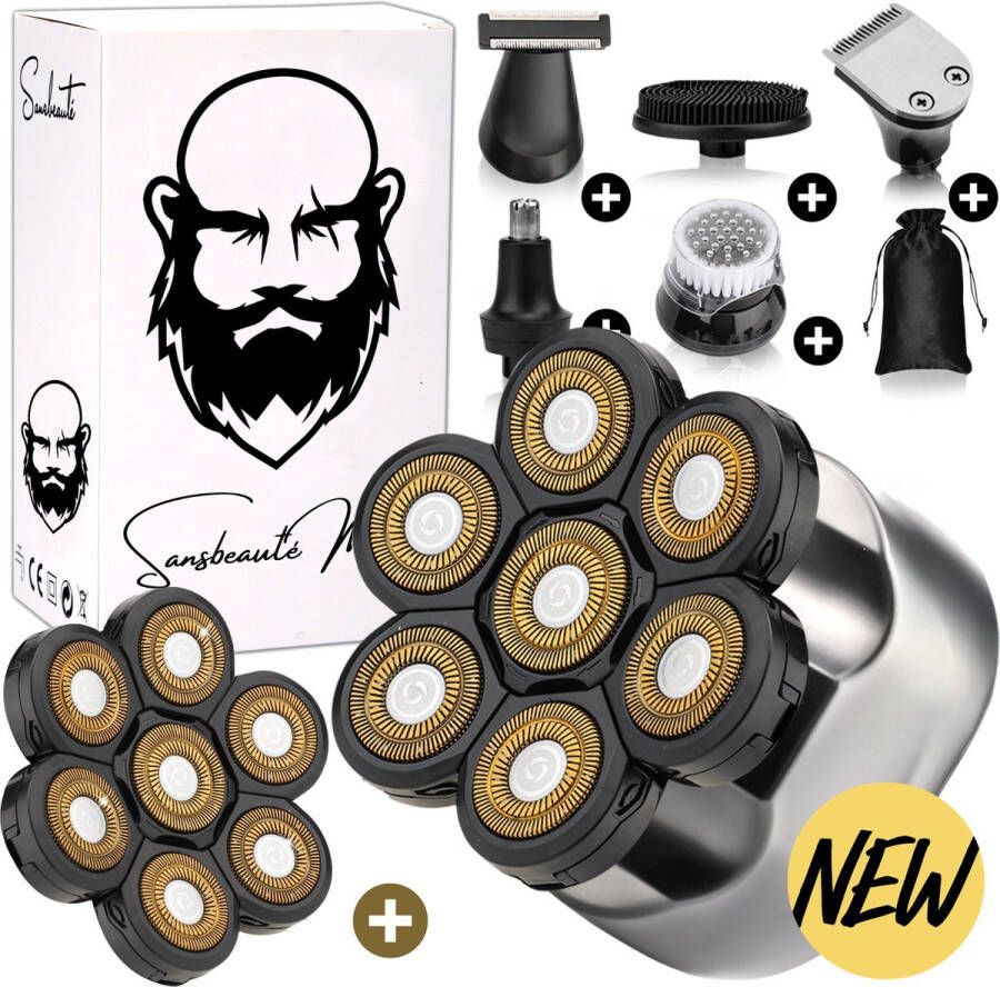 Sansbeauté 6-in-1 Scheerapparaat Mannen + Extra Scheerkop – Trimmer Tondeuse SkullSharp Platinum Skull Shaver Electric Face & Head Shaver Hoofd Kaal Scheren – Nat & Droog Elektrisch