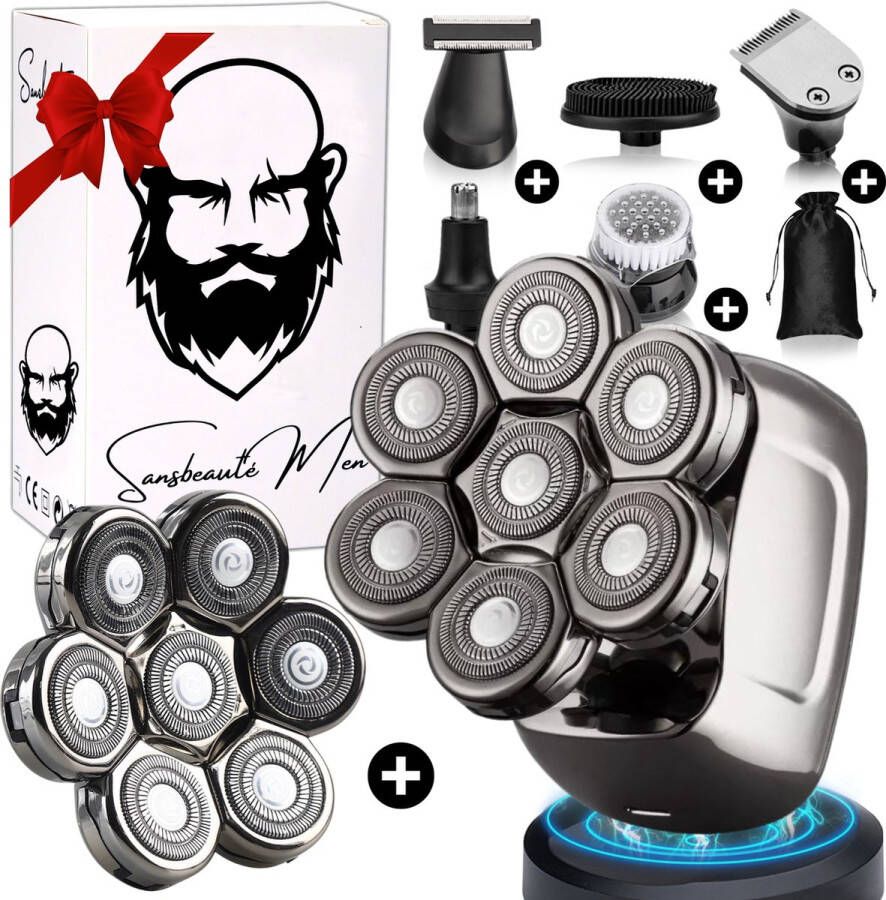 Sansbeauté 6-in-1 Scheerapparaat Mannen + Extra Scheerkop – Trimmer Tondeuse SkullSharp PRO Nat & Droog Face en Head Shaver – Hoofd Kaal Scheren Skull Shaver Draadloos Opladen Opzetstukken