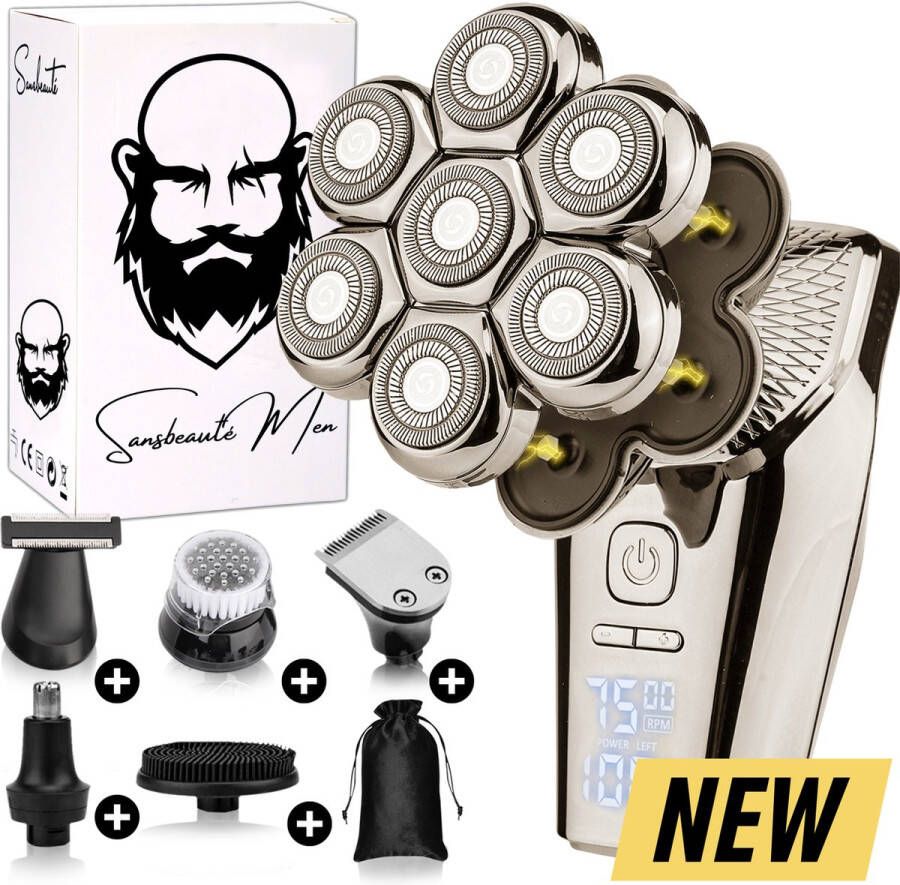 Sansbeauté 6-in-1 Scheerapparaat Mannen – Trimmer Skull Edition PRO MAX Electric Face & Head Shaver Shave Hoofd Kaal Scheren – Nat & Droog Draadloos Opladen Elektrisch