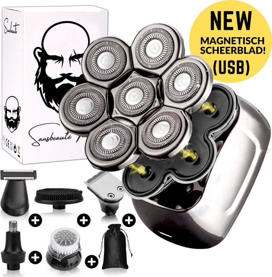 Sansbeauté 6-in-1 Scheerapparaat Mannen – Trimmer Tondeuse SkullSharp PRO MAGNETIC Skull Shaver Electric Face & Head Shaver Shave Hoofd Kaal Scheren – Nat & Droog USB Opladen Elektrisch