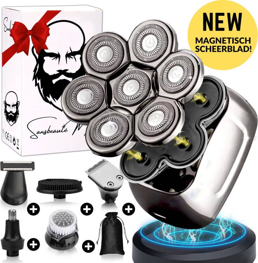 Sansbeauté 6-in-1 Scheerapparaat Mannen – Trimmer Tondeuse Skull Edition PRO MAGNETIC Electric Face & Head Shaver Shave Hoofd Kaal Scheren – Nat & Droog Draadloos Opladen Elektrisch