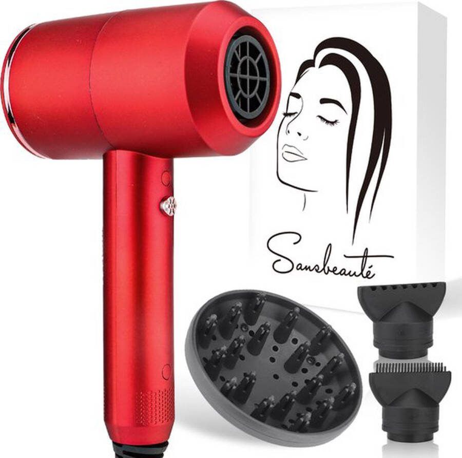 Sansbeauté Föhn met Diffuser – Ionische Haardroger – Borstel Reisföhn 3 Opzetstukken Krullen – Coolshot – 3 Standen – Haarföhn met Diffuser – Hair Dryer 2000W Rood