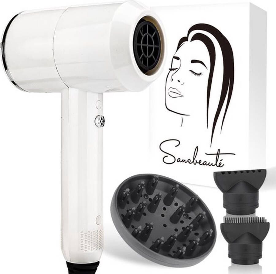 Sansbeauté Föhn met Diffuser – Ionische Haardroger – Borstel Reisföhn 3 Opzetstukken Krullen – Coolshot – 3 Standen – Haarföhn met Diffuser – Hair Dryer 2000W Wit